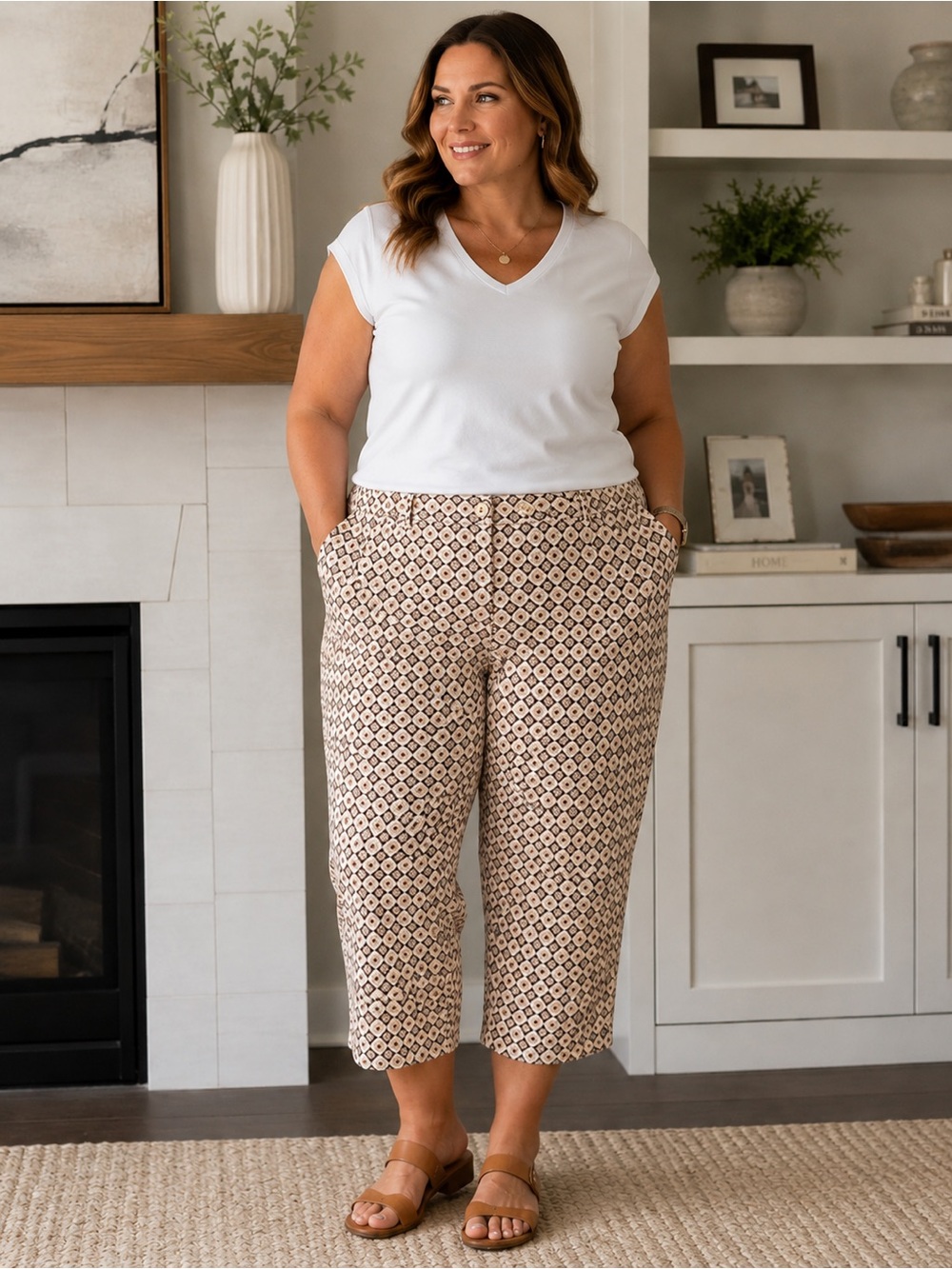 Talbots Size 18 Stretch Patterned Beige and Brown Capris - Coastal Summer